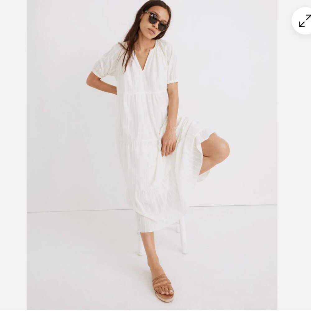 NEW Madewell Cream Bubble-Sleeve Tiered Midi Dress In Textural Stripe Size XS